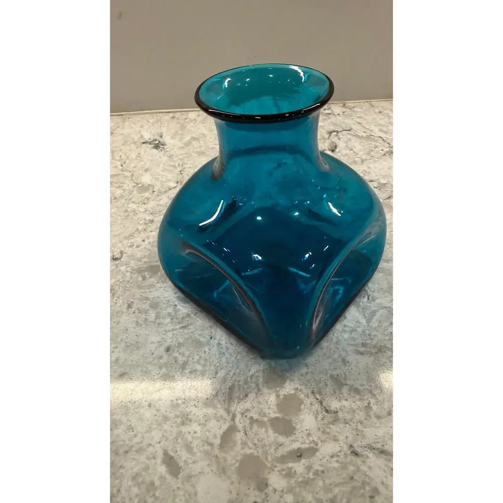 Vintage Unique Hand Crafted Glass Vase Aqua Teal Dimple Pinched 5